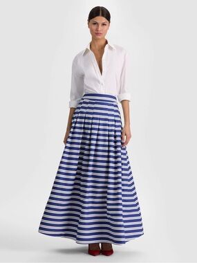 Alice and Olivia METRO STRIPE TWILIGHT BLUE Striped Blue and White Maxi Skirt